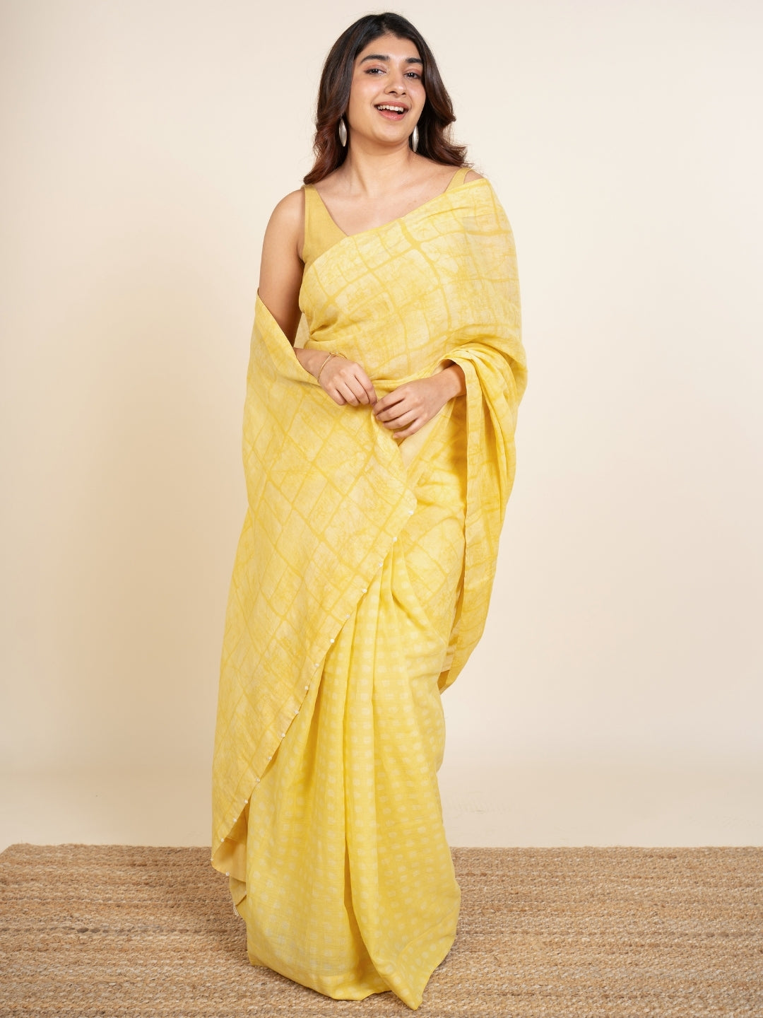 Isra Yellow Batik Hand Block Print Mul Cotton Saree with Embroidery