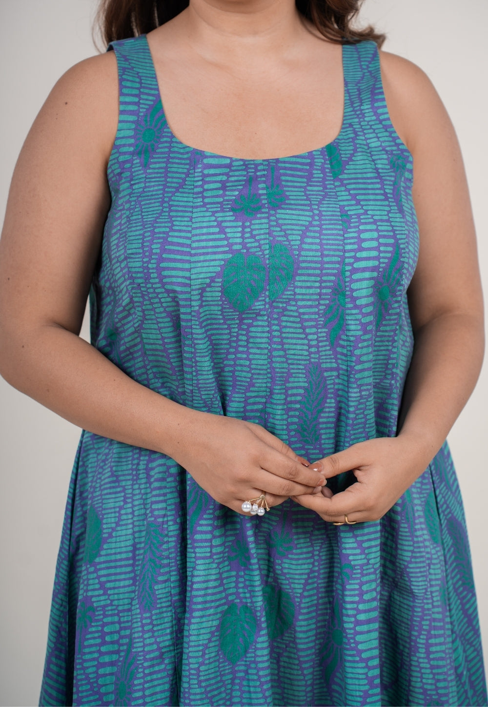 Tira Teal Blue Printed Cotton A Line Dress