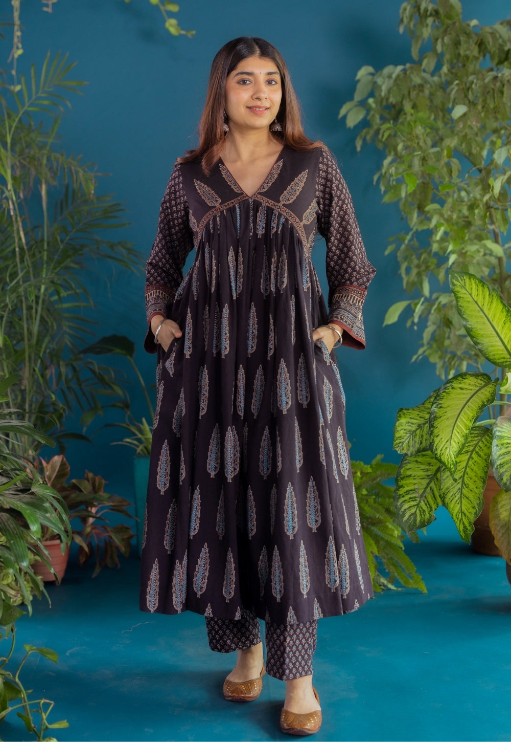 Sneha Black Ajrakh Cotton A Line Kurta