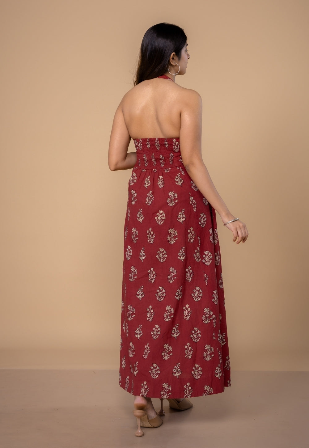 Sanyukta Red Dabu Slub Cotton A Line Dress