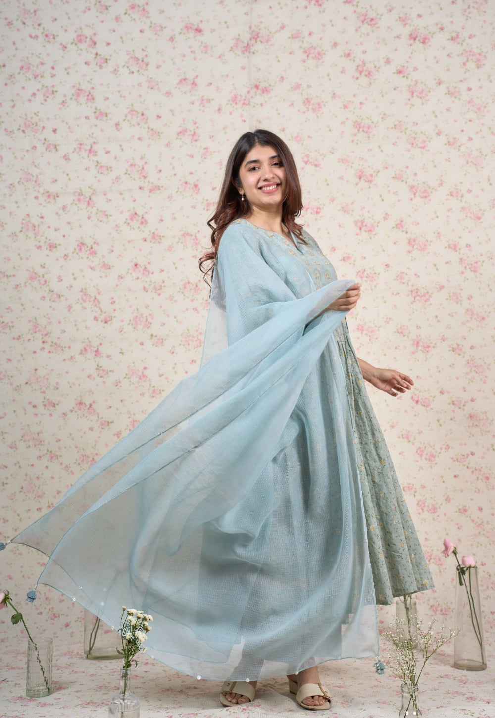 Blue Solid Kota Doria Cotton Dupatta with Tassels