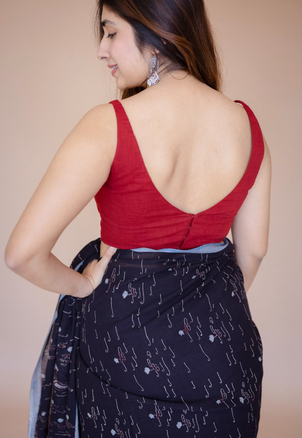 Black Boat Ajrakh Hand Block Print Mul Saree