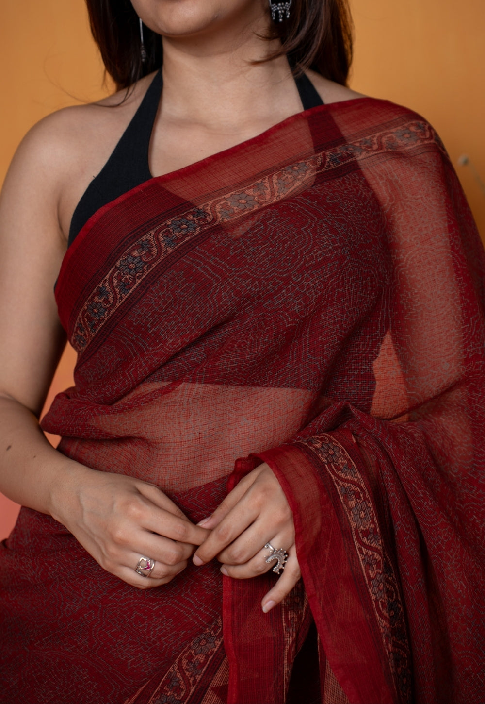 Red Tribal Ajrkah Hand Block Print Kota Doria Cotton Saree