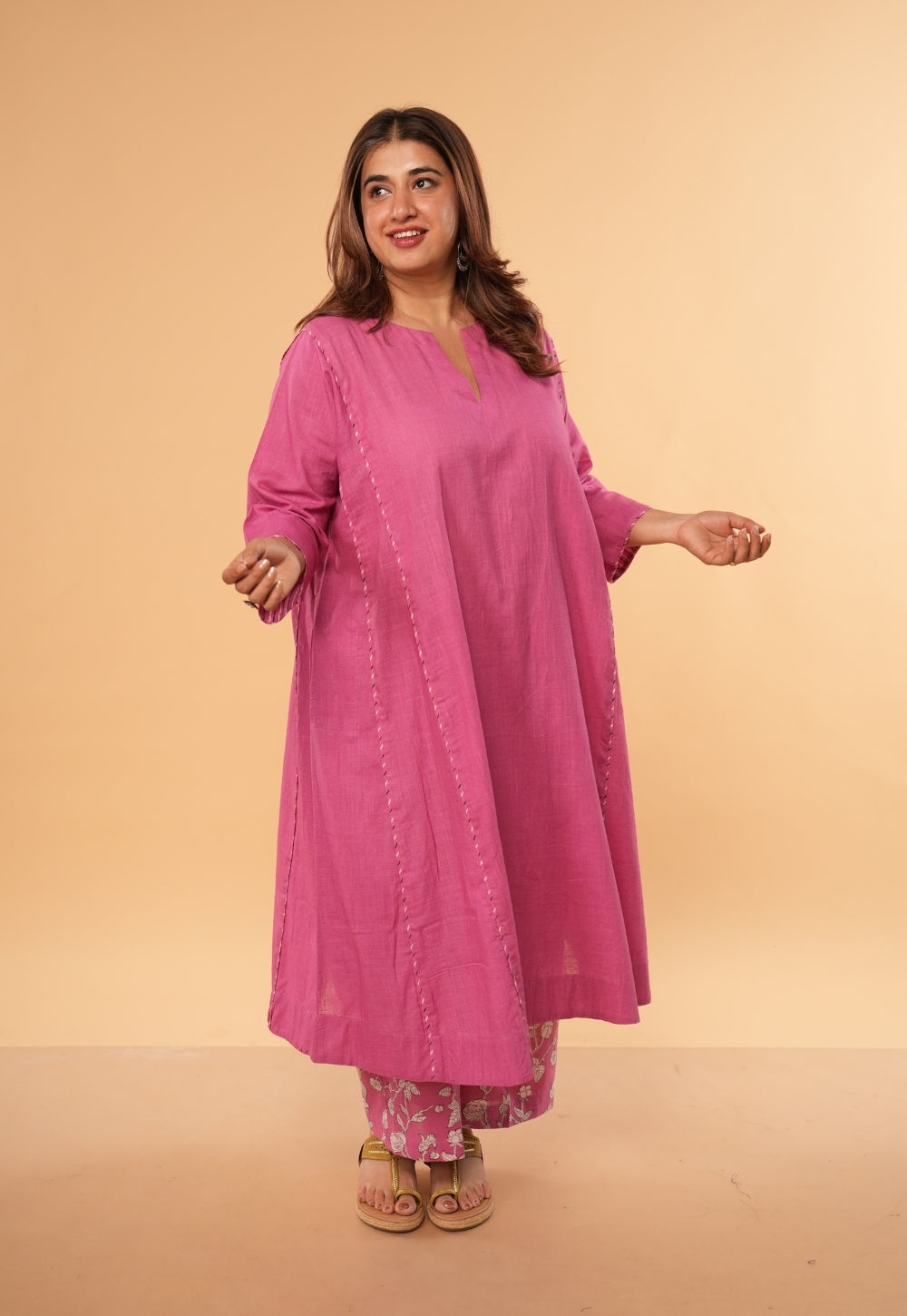 Kusha Pink Solid Slub Cotton Jhabbha Kali Kurta