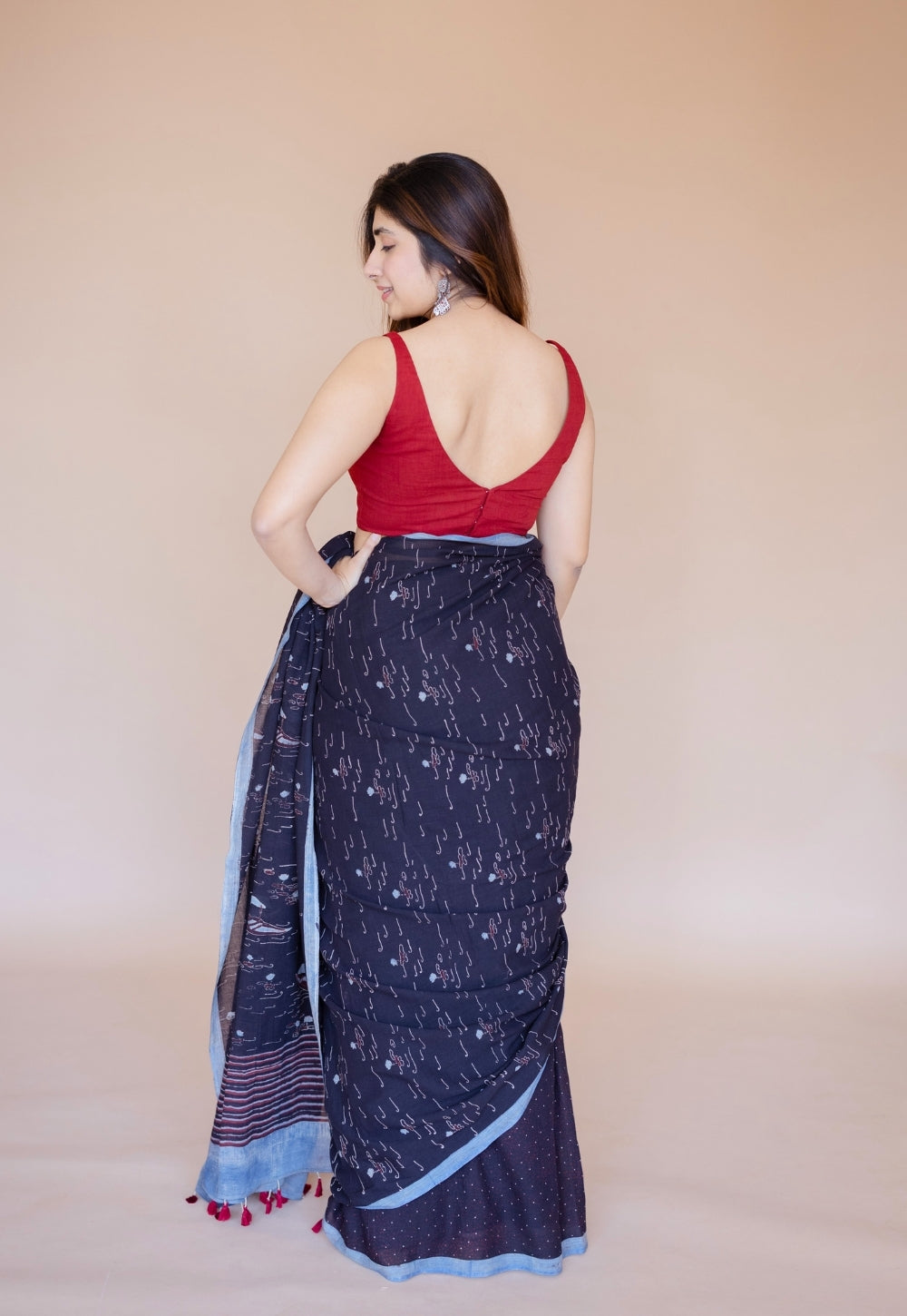 Black Boat Ajrakh Hand Block Print Mul Saree