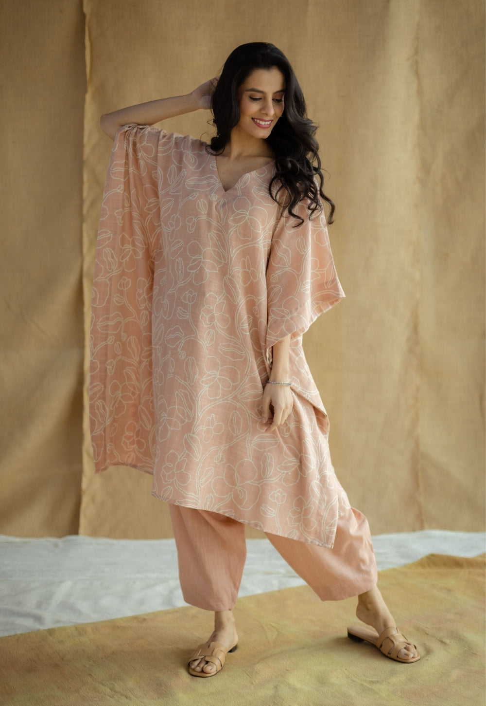 Sadiya Peach Hand Block Print Slub Cotton Anti-Fit Kaftan