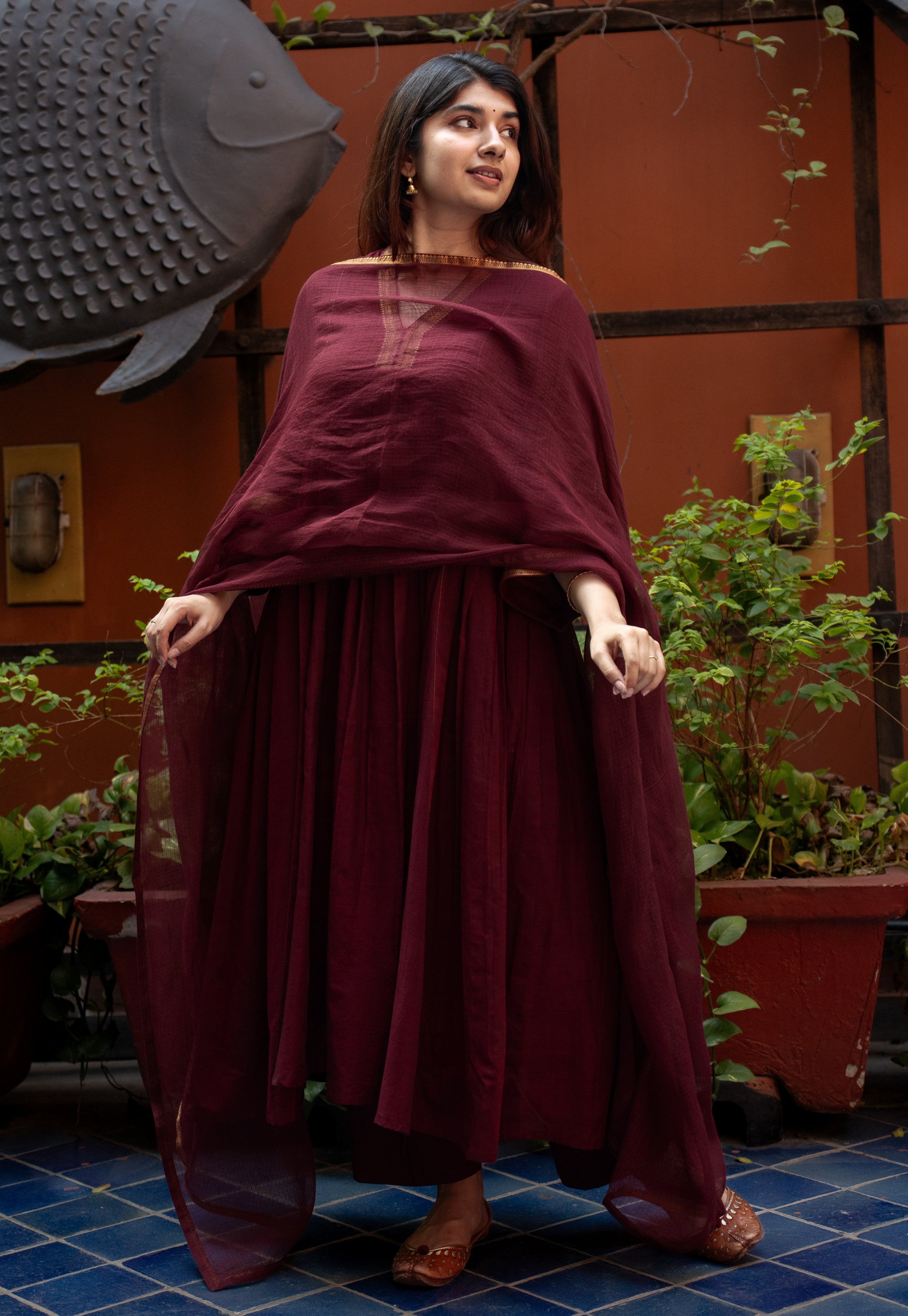Tisya Red Mangalgiri Cotton Kali Kurta with Nizam Border