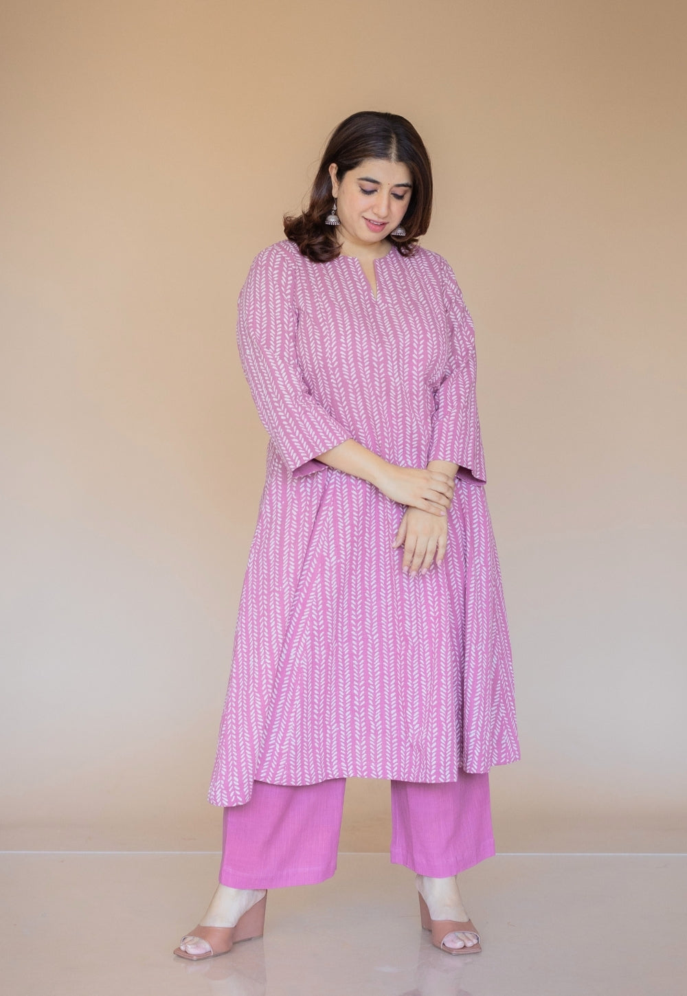 Malika Pink Hand Block Print Slub Cotton Kali Kurta