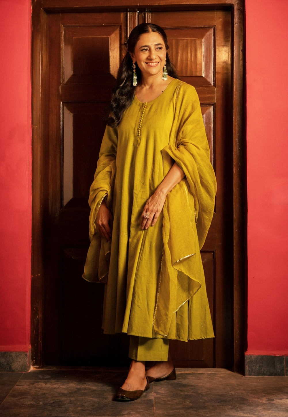 Maryam Yellow Rogan Handblock Printed Cotton Flex Suit Set (Set of 3)