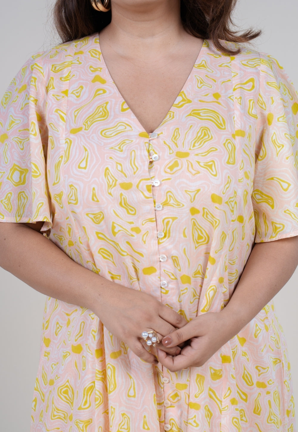 Leah Peach Printed Mul A Line Dress