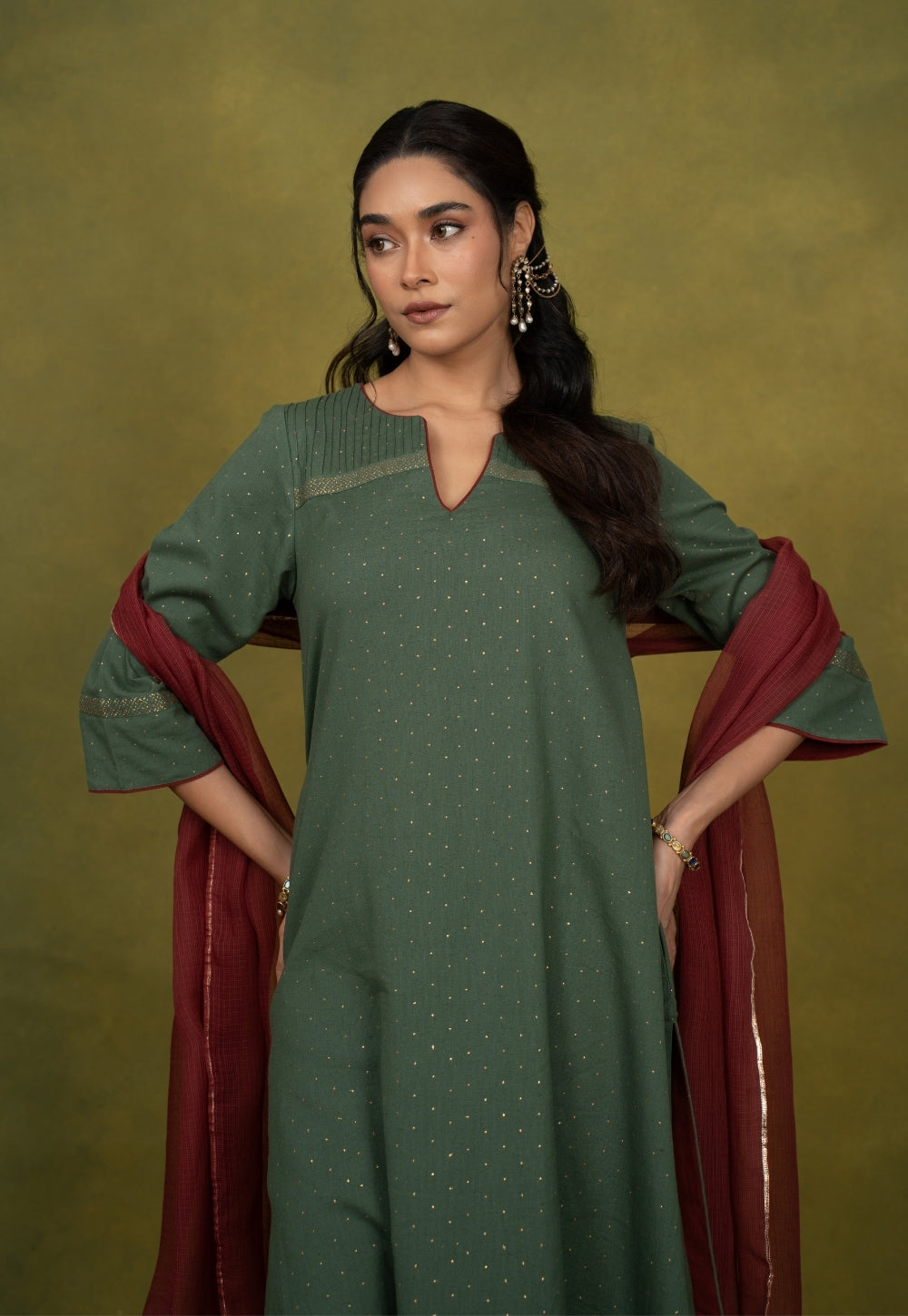 Ishira Green Rogan Handblock Printed Cotton Straight Kurta Suit Set (Set of 3)