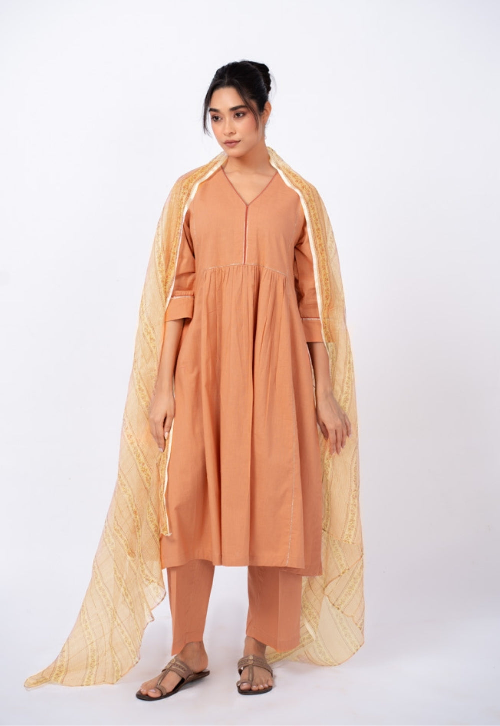 Urvi Orange Solid Slub Cotton Kali Kurta Suit Set with Printed Dupatta (Set of 3)