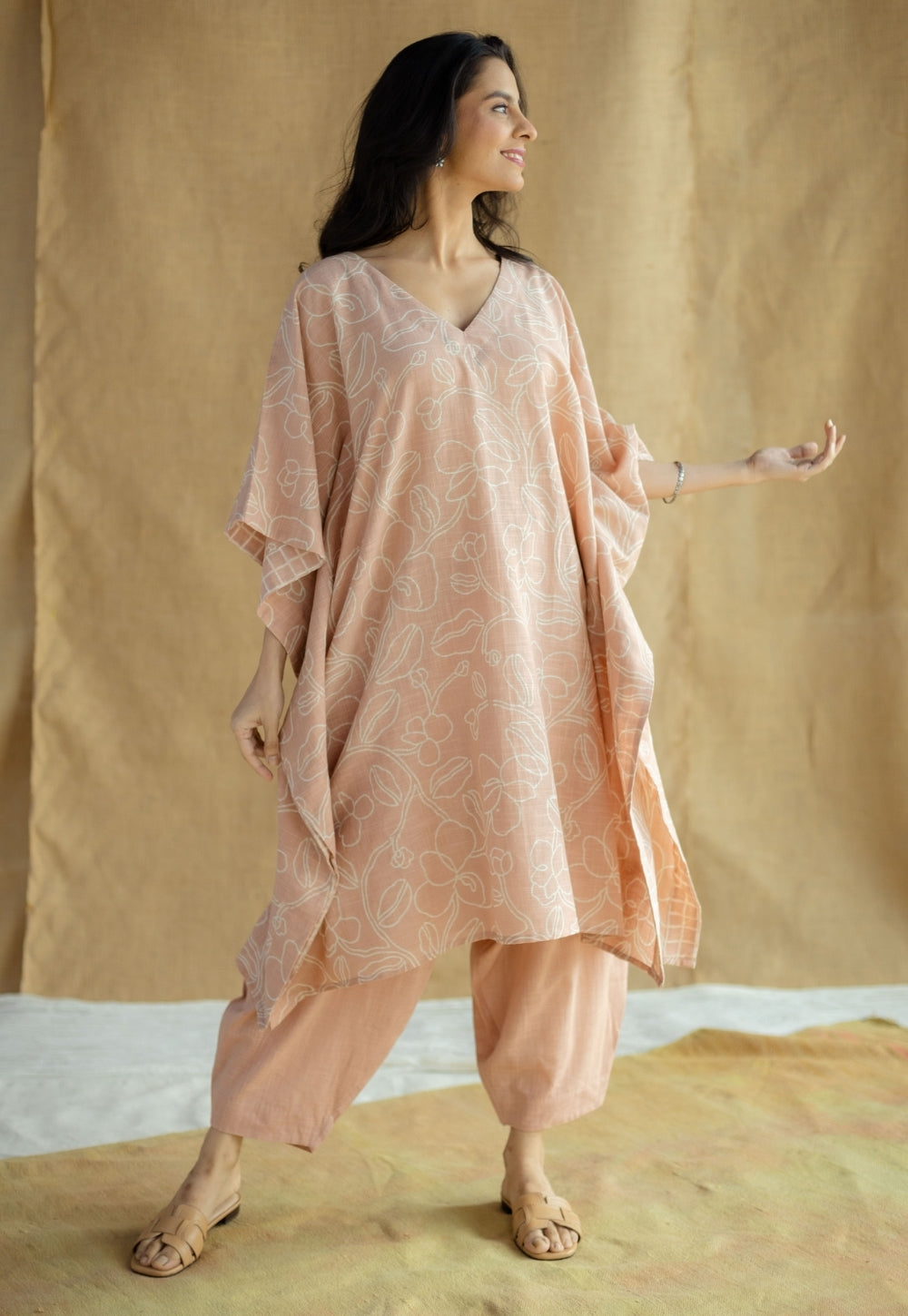 Sadiya Peach Hand Block Print Slub Cotton Anti-Fit Kaftan