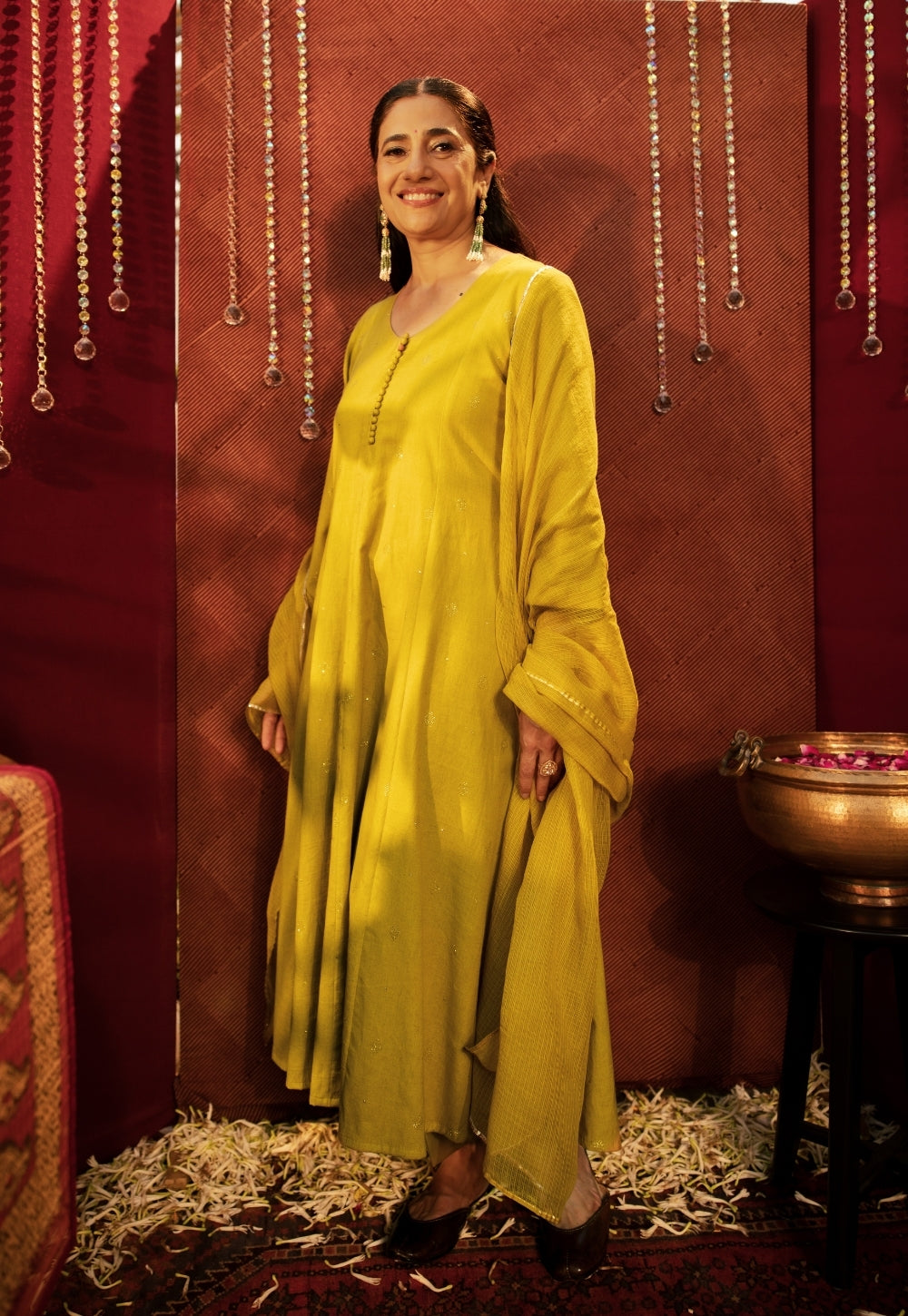 Maryam Yellow Rogan Handblock Printed Cotton Flex Suit Set (Set of 3)