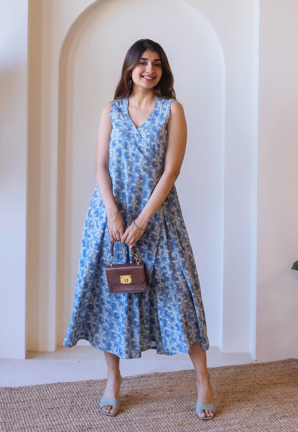 Saranashi Blue Ajrakh Cotton Wrap Around Dress