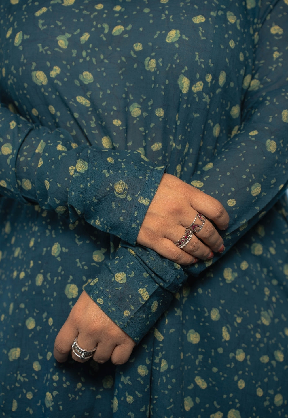 Vina Teal Blue Dabu Mul Cotton Kali Kurta