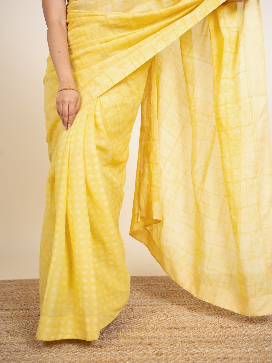 Isra Yellow Batik Hand Block Print Mul Cotton Saree with Embroidery