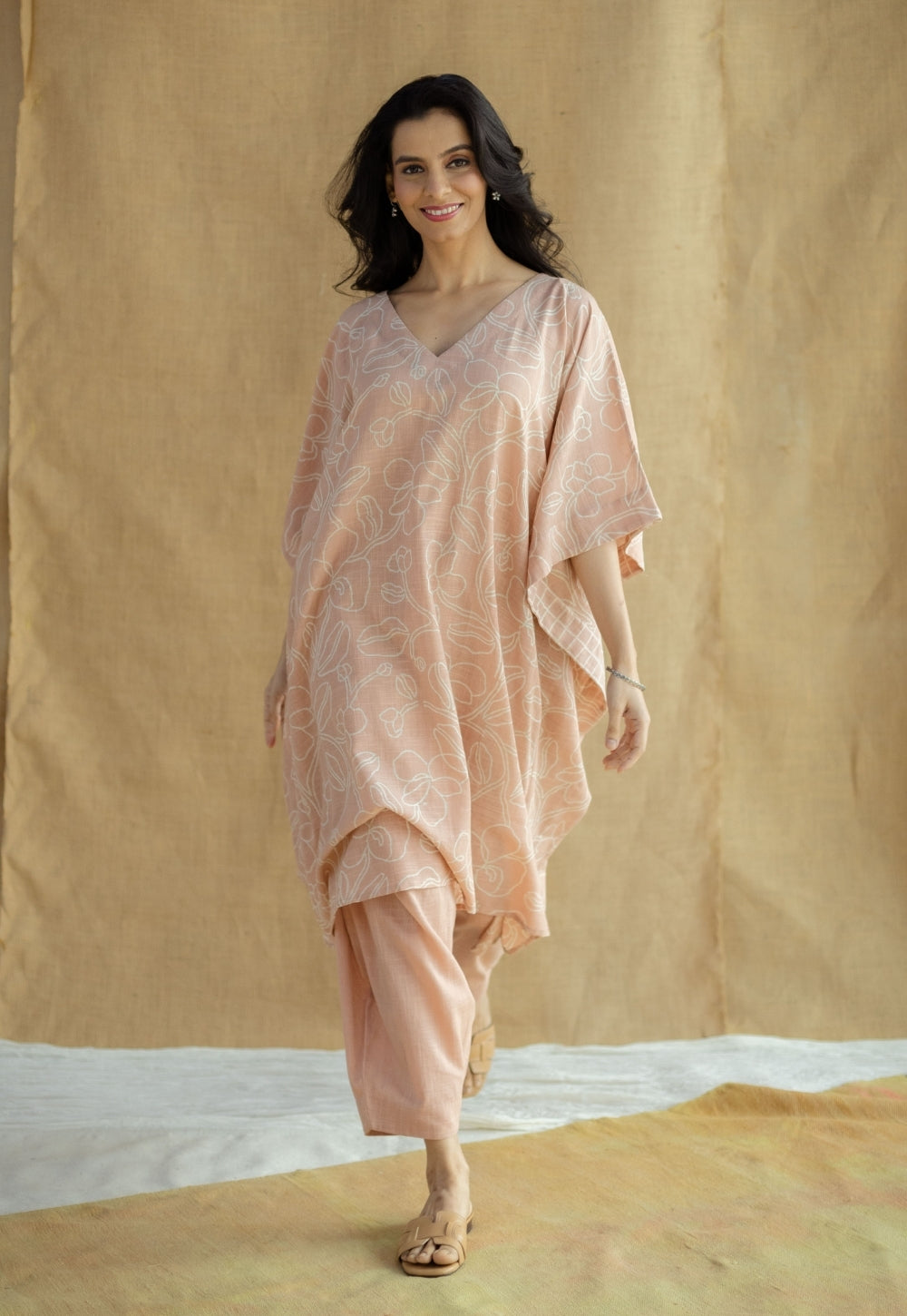 Sadiya Peach Hand Block Print Slub Cotton Anti-Fit Kaftan