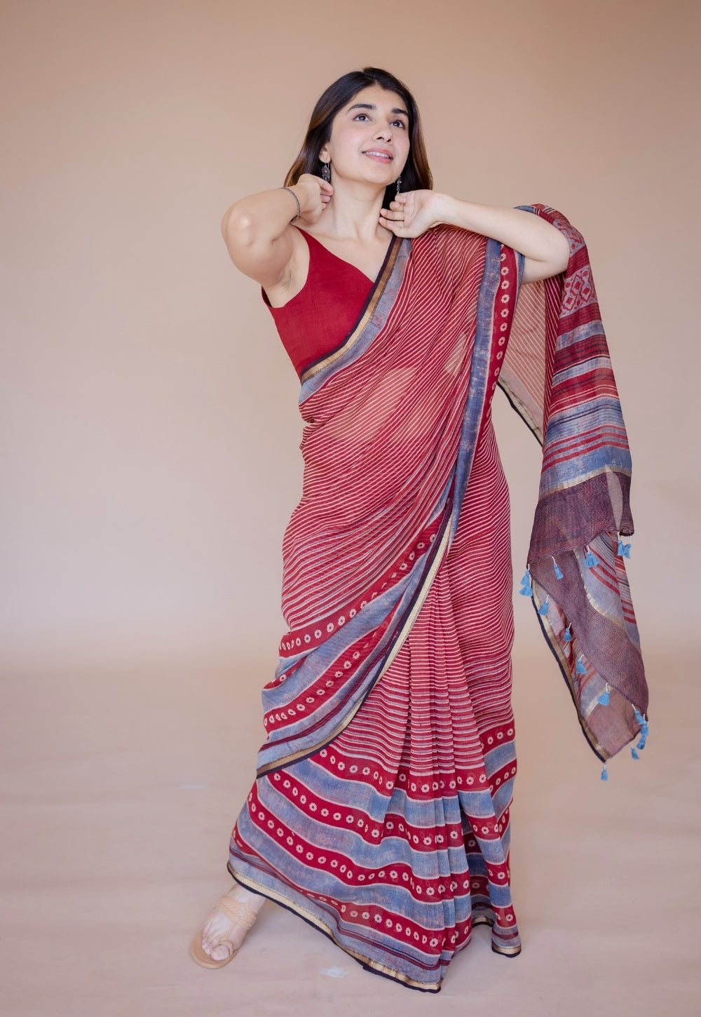 Red Abstract Ajrakh Hand Block Print Chanderi Saree