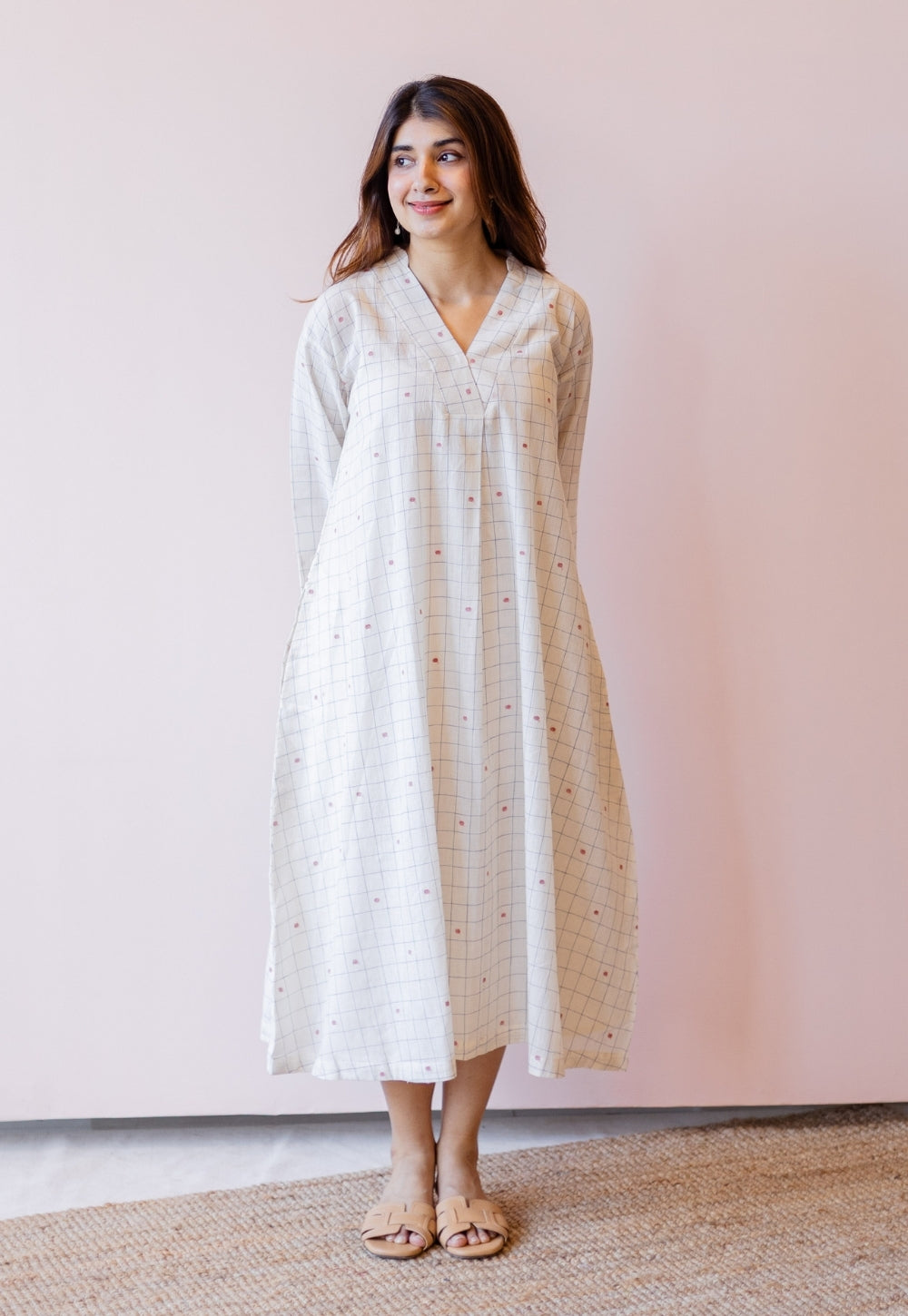 Ekta Off White Jamdani Handloom Cotton A Line Dress