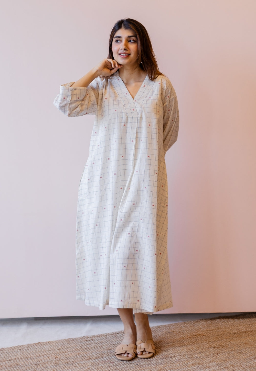 Ekta Off White Jamdani Handloom Cotton A Line Dress