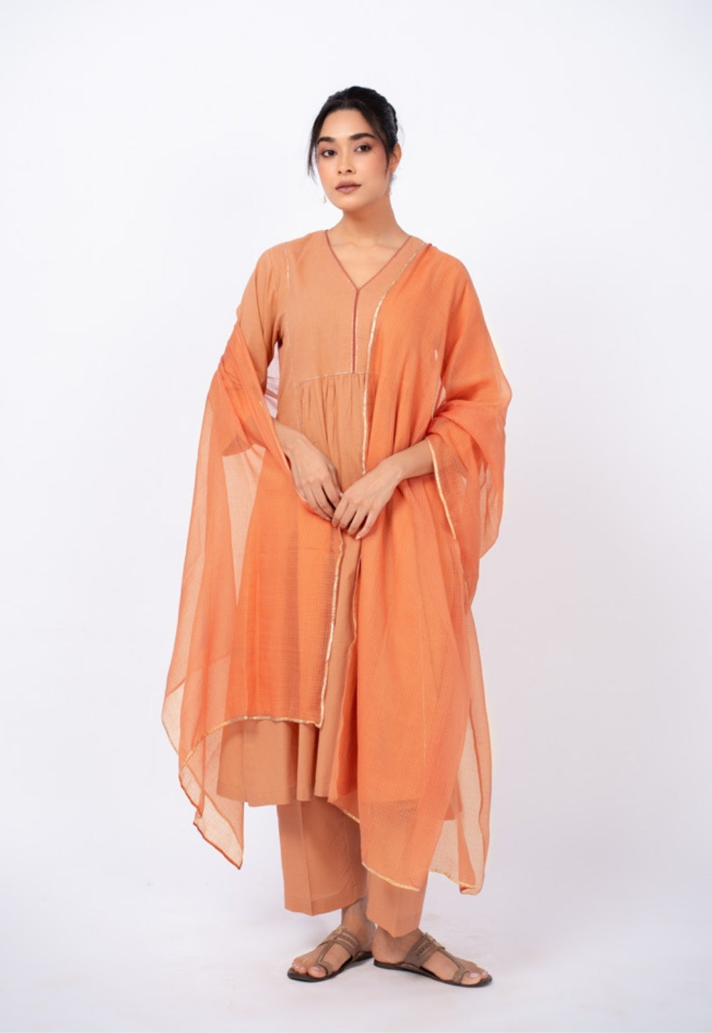 Urvi Orange Solid Slub Cotton Kali Kurta Suit Set with Solid Dupatta (Set of 3)