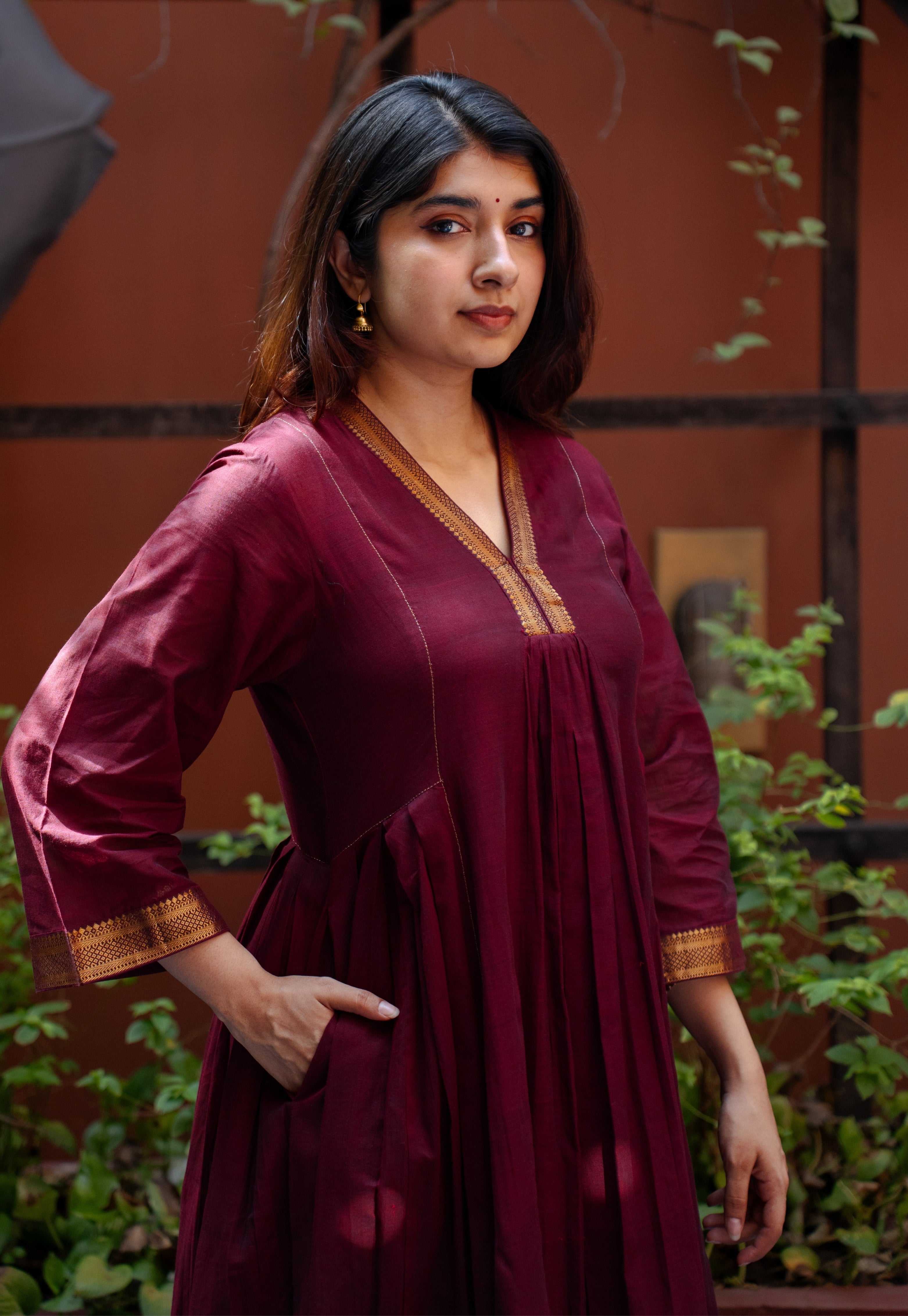 Tisya Red Mangalgiri Cotton Kali Kurta with Nizam Border