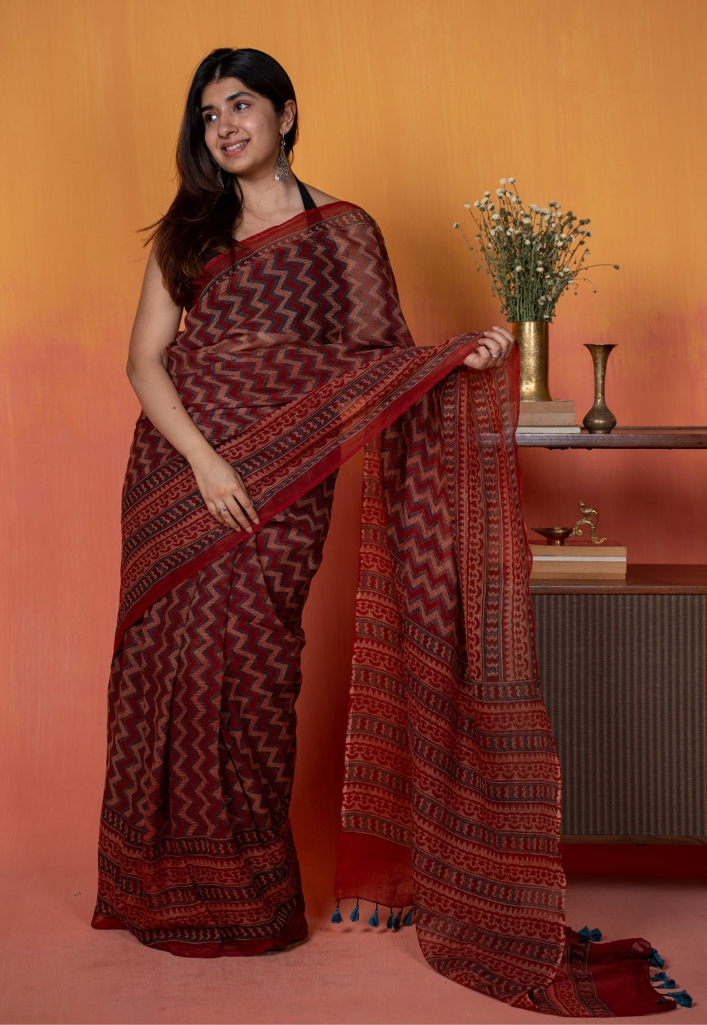 Red Chevron Ajrakh Hand Block Print Kota Doria Cotton Saree