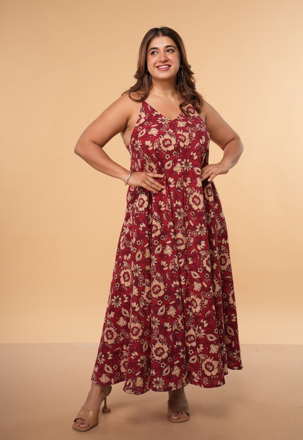 Sonam Red Dabu Slub Cotton A Line Dress