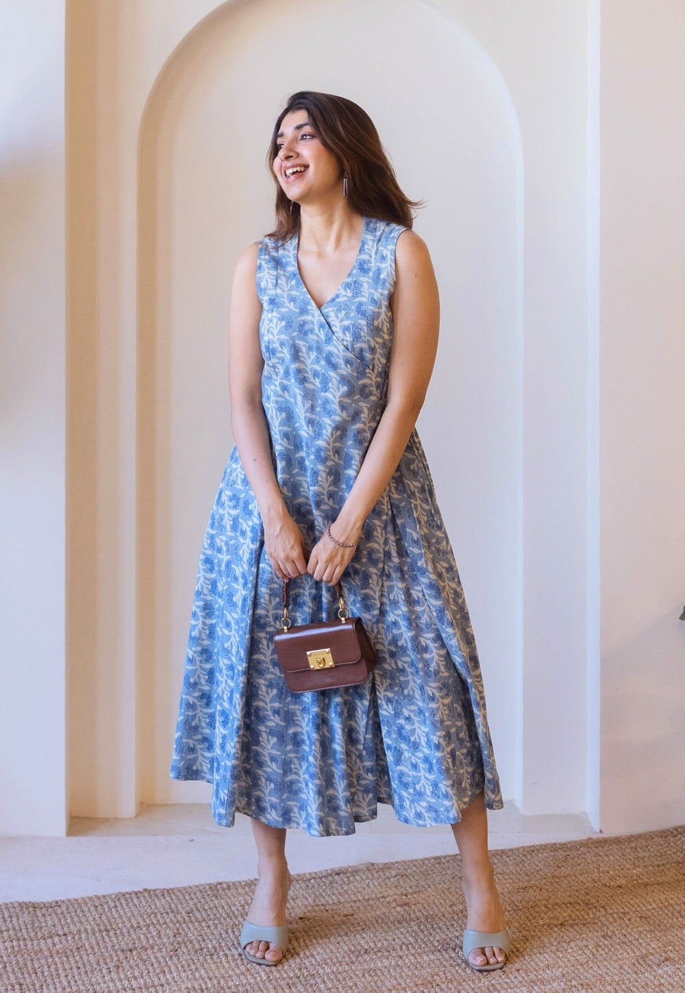 Saranashi Blue Ajrakh Cotton Wrap Around Dress