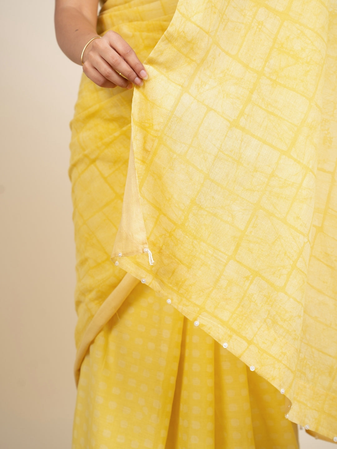 Isra Yellow Batik Hand Block Print Mul Cotton Saree with Embroidery
