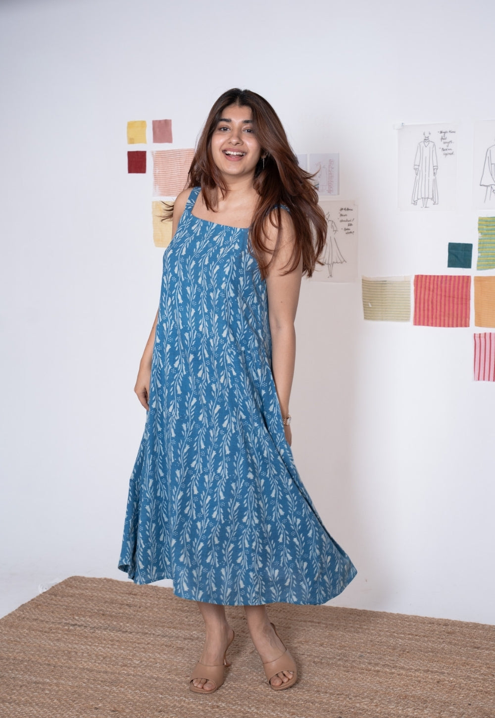 Tapasya Blue Dabu Slub Cotton Straight Dress