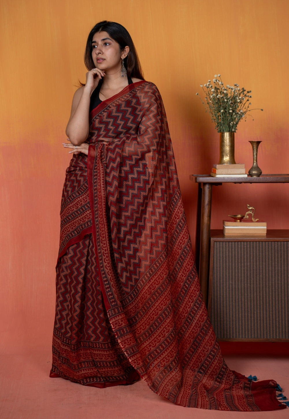 Red Chevron Ajrakh Hand Block Print Kota Doria Cotton Saree