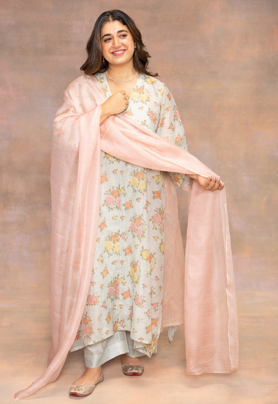 Rosalie Blue Sanganeri Chanderi Silk A Line Kurta with Hand Embroidery and Slip