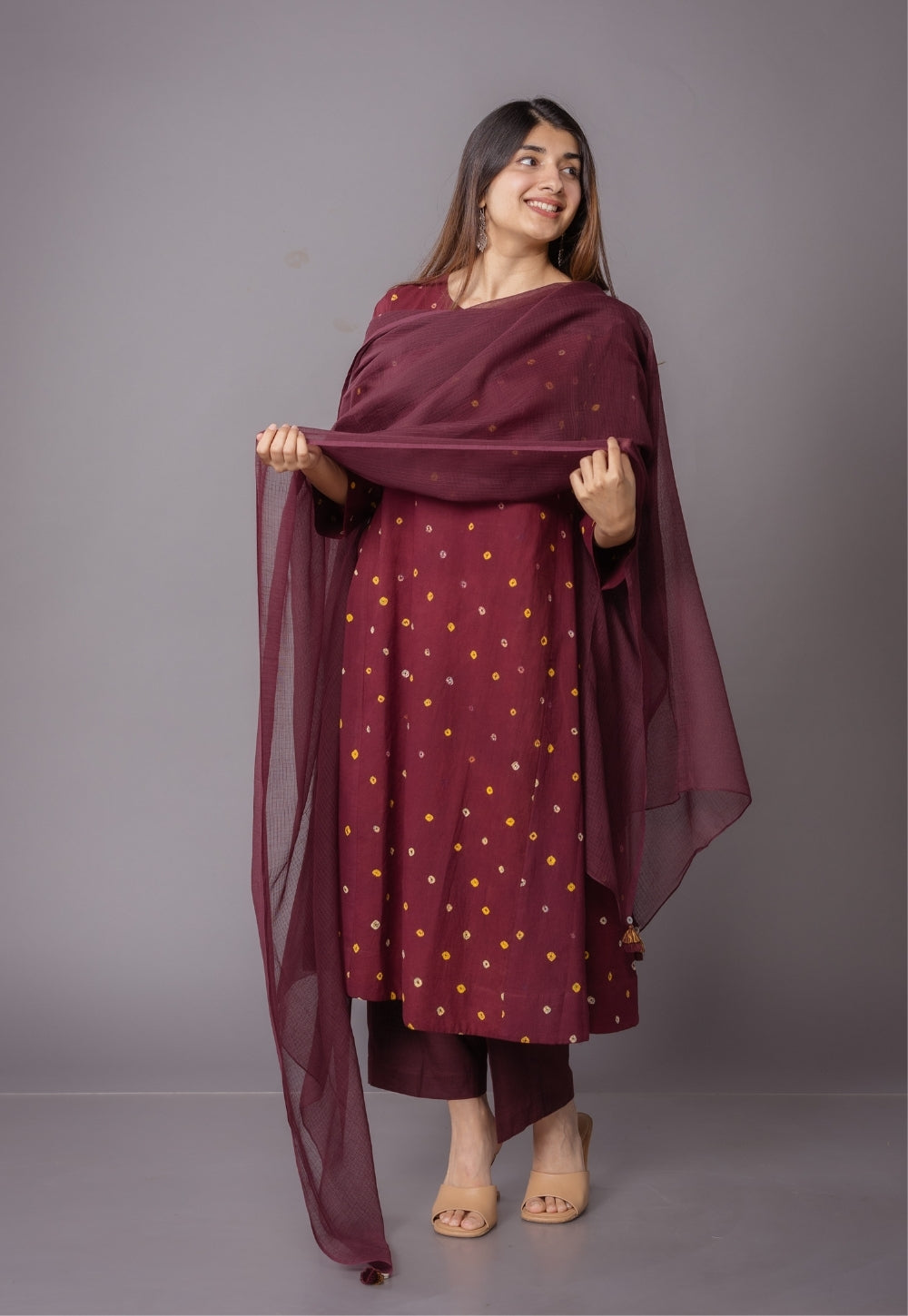 Nyra Red Bandhani Cotton Jhabbha Kali Suit Set with Embroidery (Set of 3)