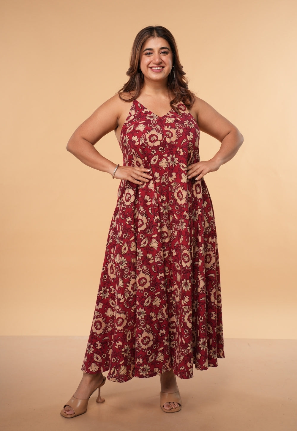 Sonam Red Dabu Slub Cotton A Line Dress