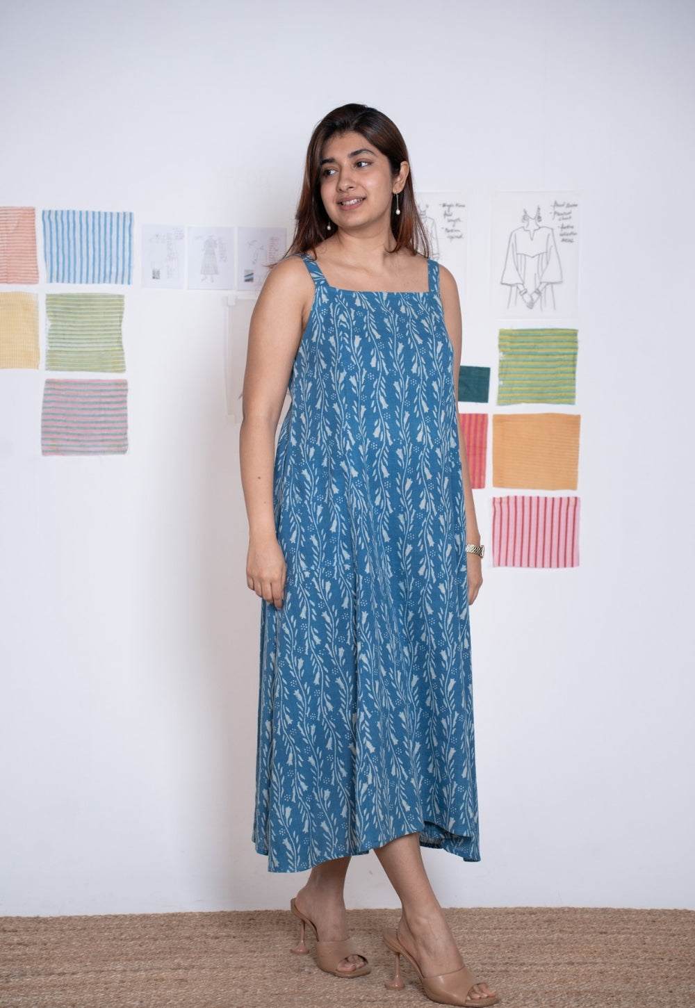 Tapasya Blue Dabu Slub Cotton Straight Dress