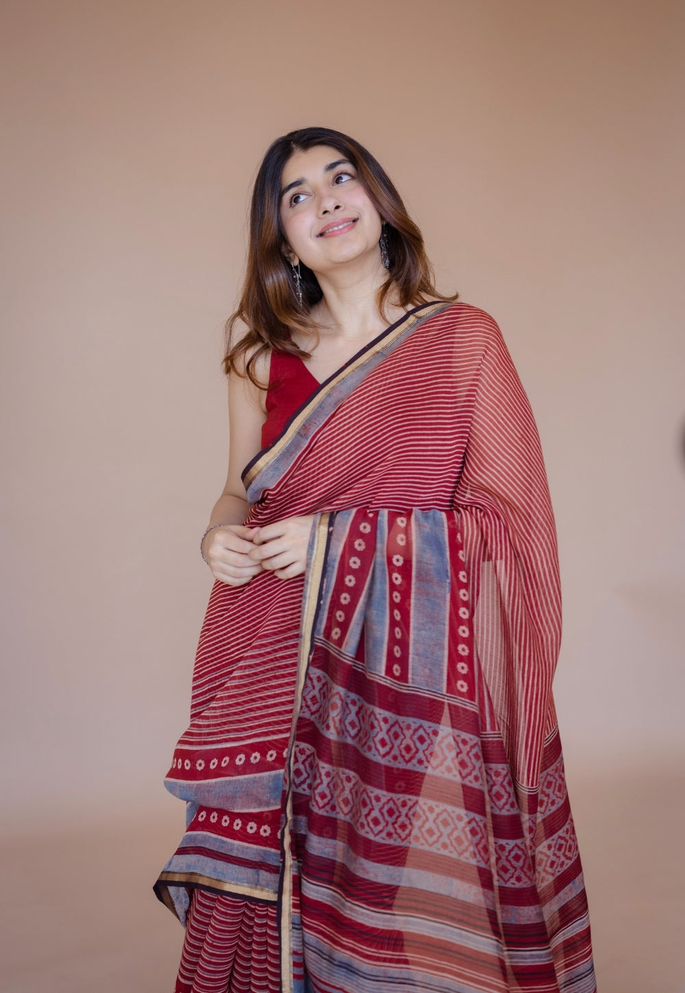 Red Abstract Ajrakh Hand Block Print Chanderi Saree