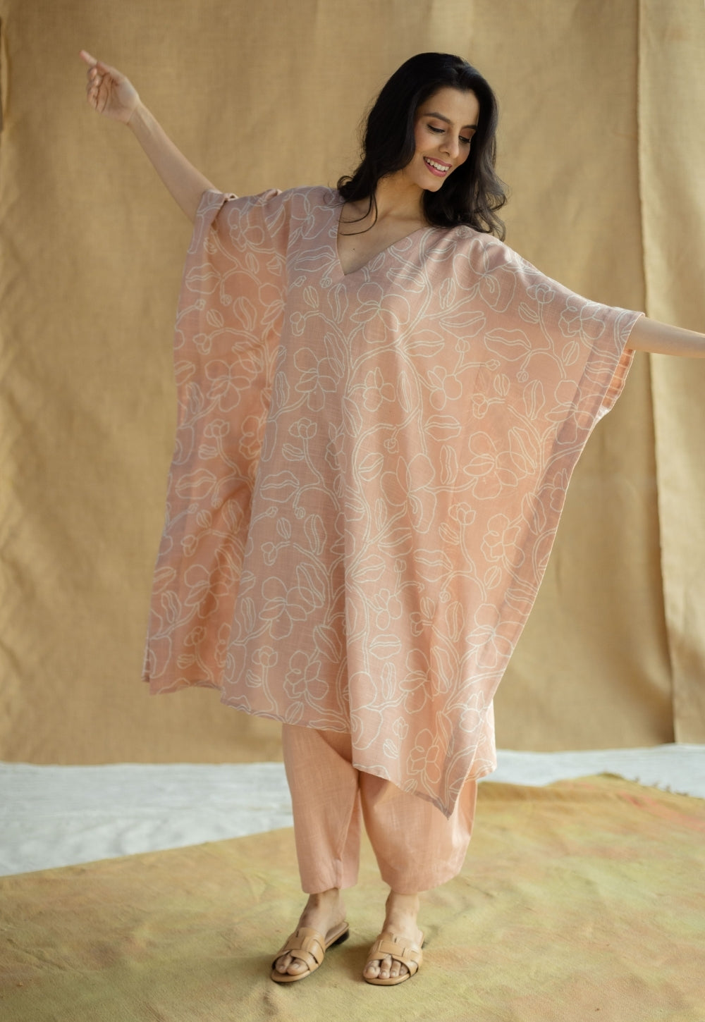 Sadiya Peach Hand Block Print Slub Cotton Anti-Fit Kaftan