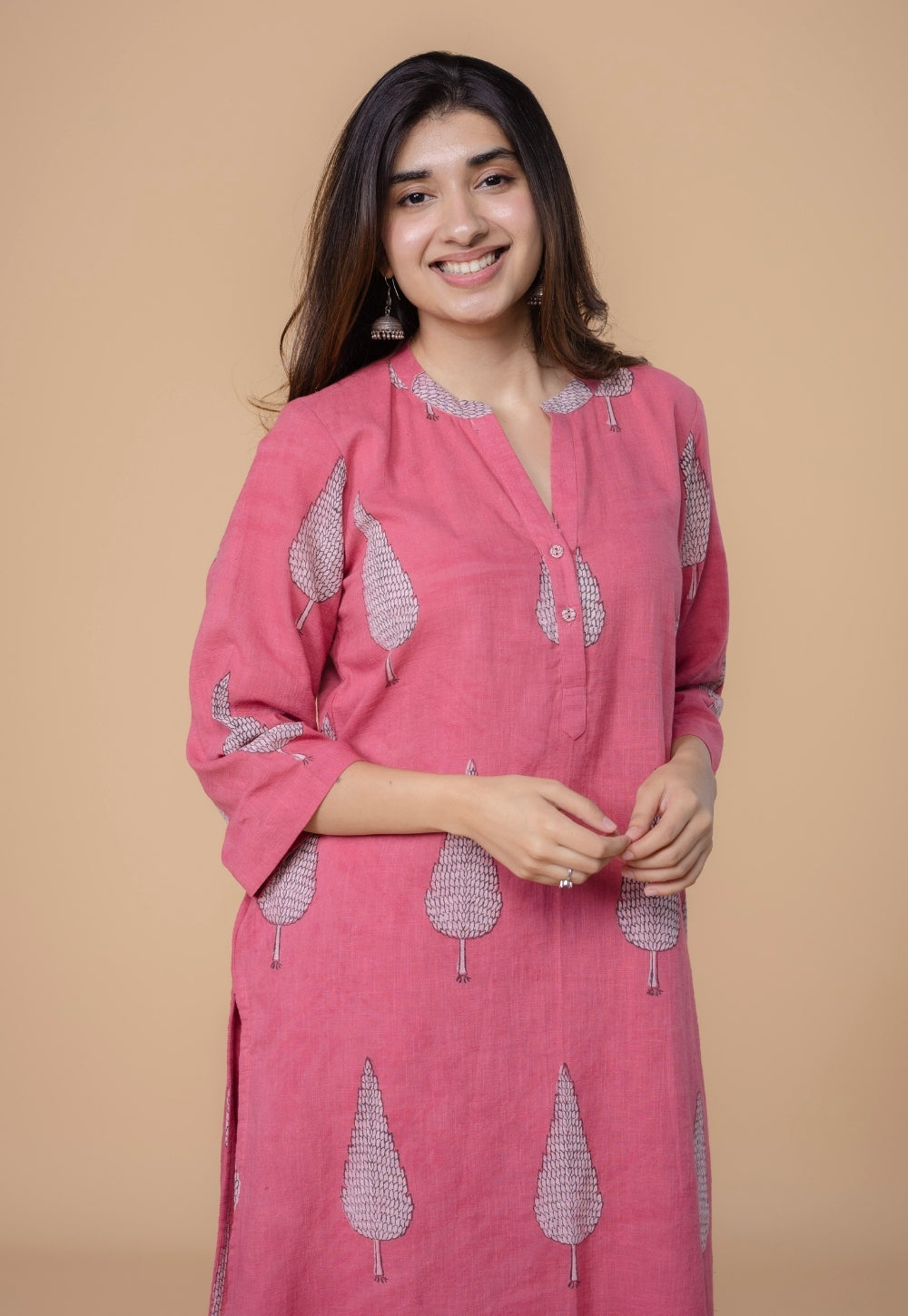 Nysa Pink Dabu Slub Cotton Straight Co-Ord Set