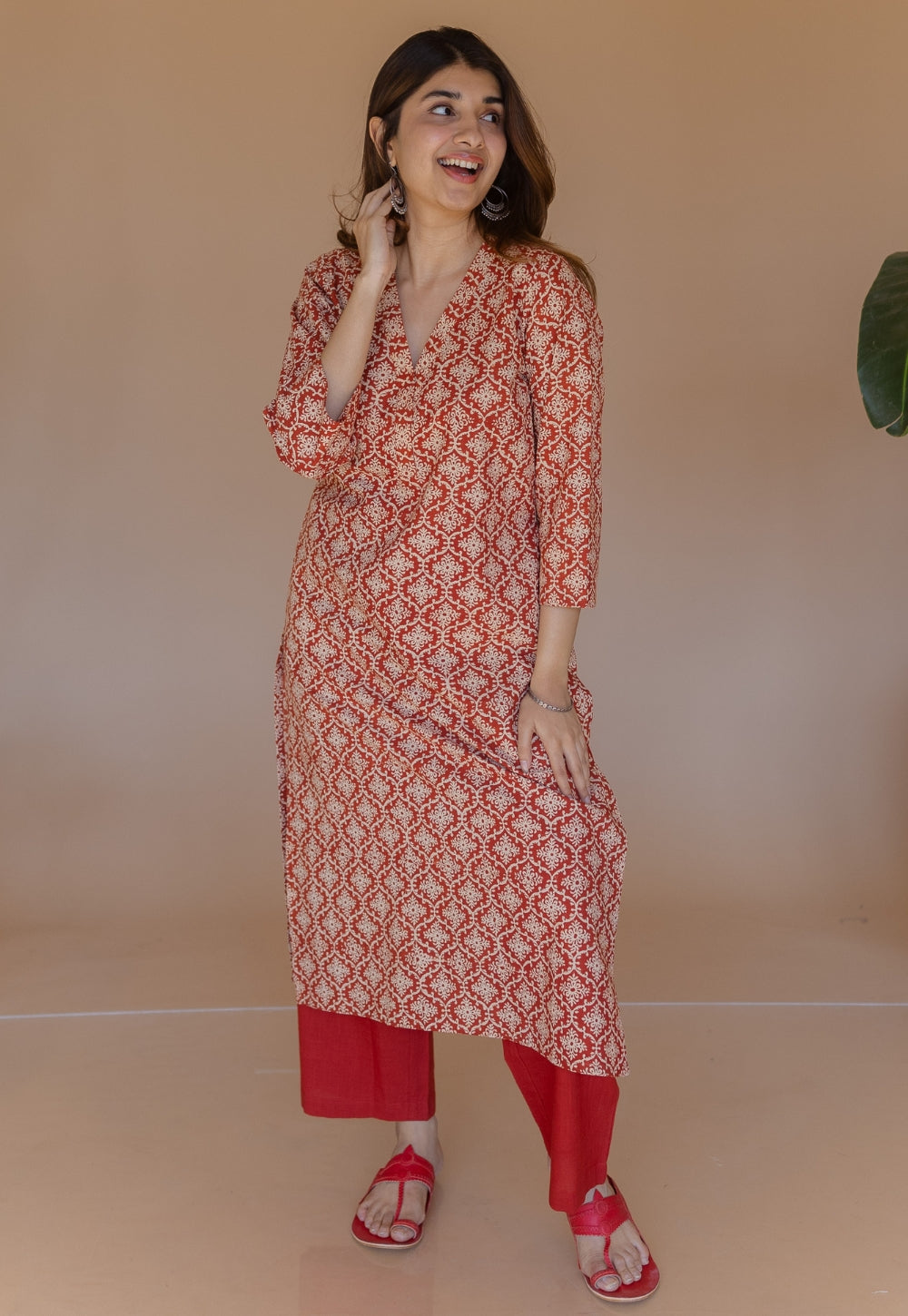 Avika Red Bagru Cotton Straight Kurta Set (Set of 2)