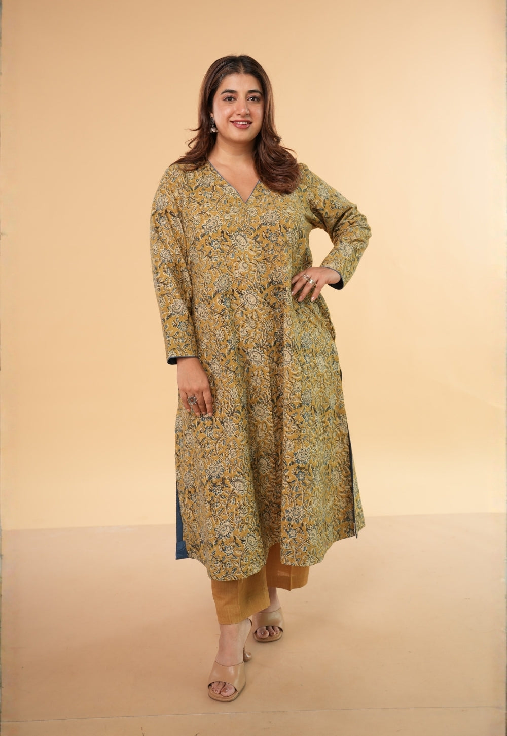 Rifaa Yellow Kalamkari Cotton A Line Kurta