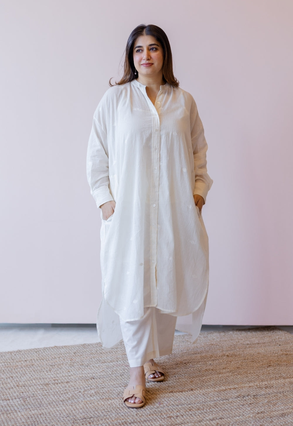 Asha Off White Jamdani Handloom Cotton Anti-Fit Kurta