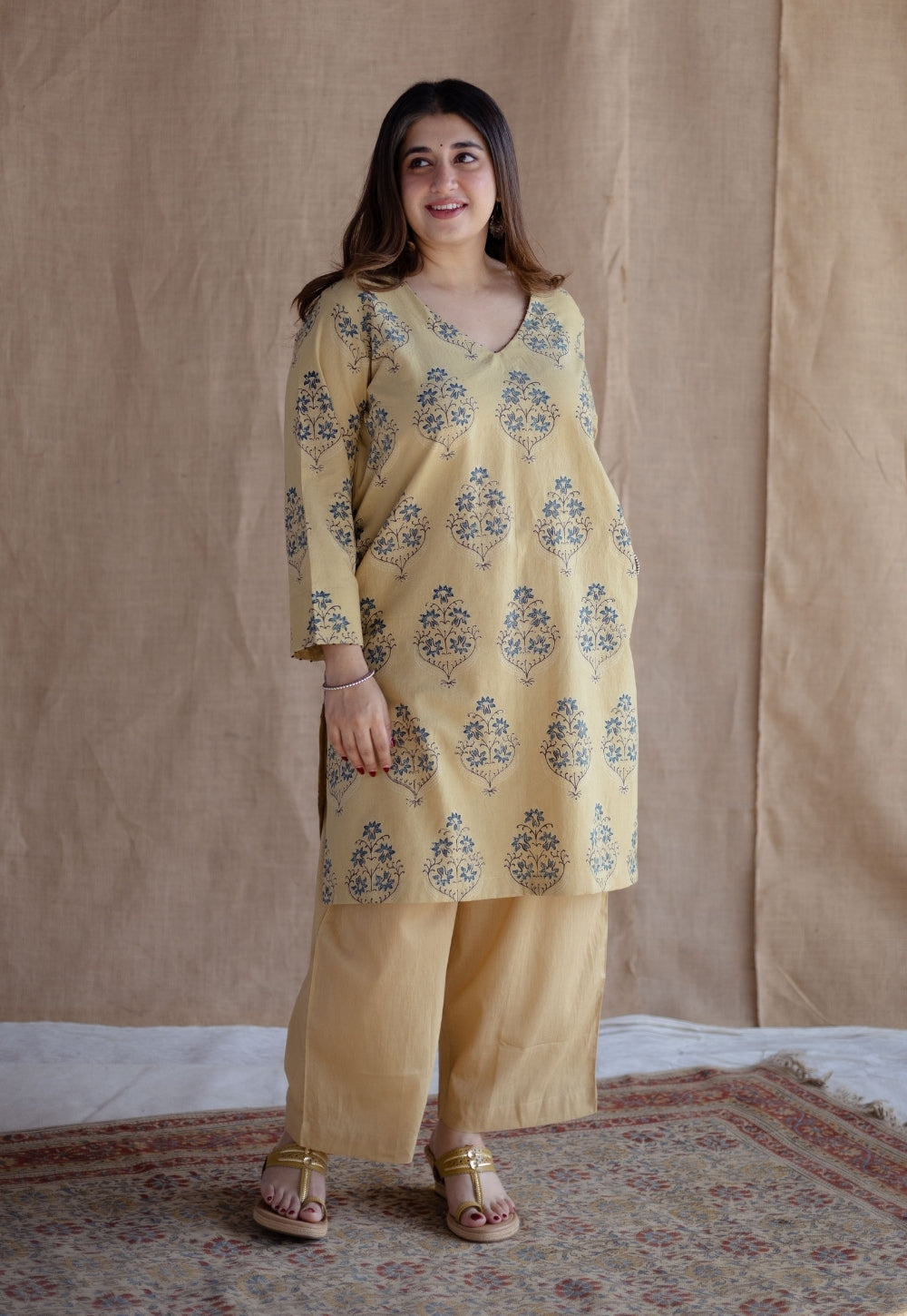 Kavya Yellow Ajrakh Cotton Straight Suit Set (Set of 3)