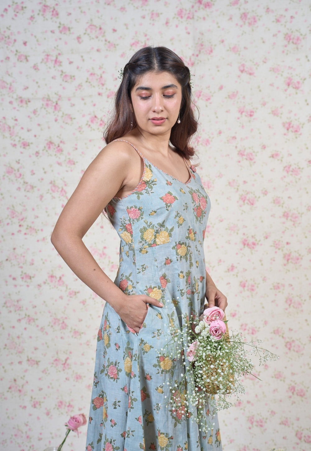 Emma Blue Sanganeri Slub Cotton A Line Dress