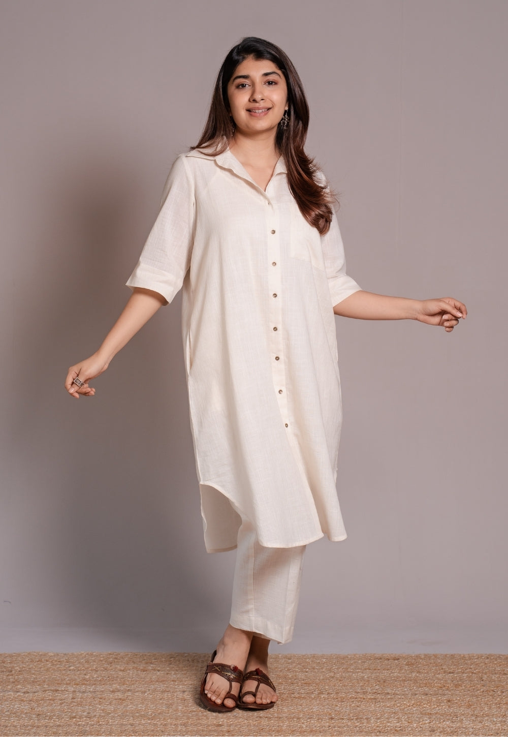 Off White Solid Slub Cotton Straight Kurta - DyeVerse