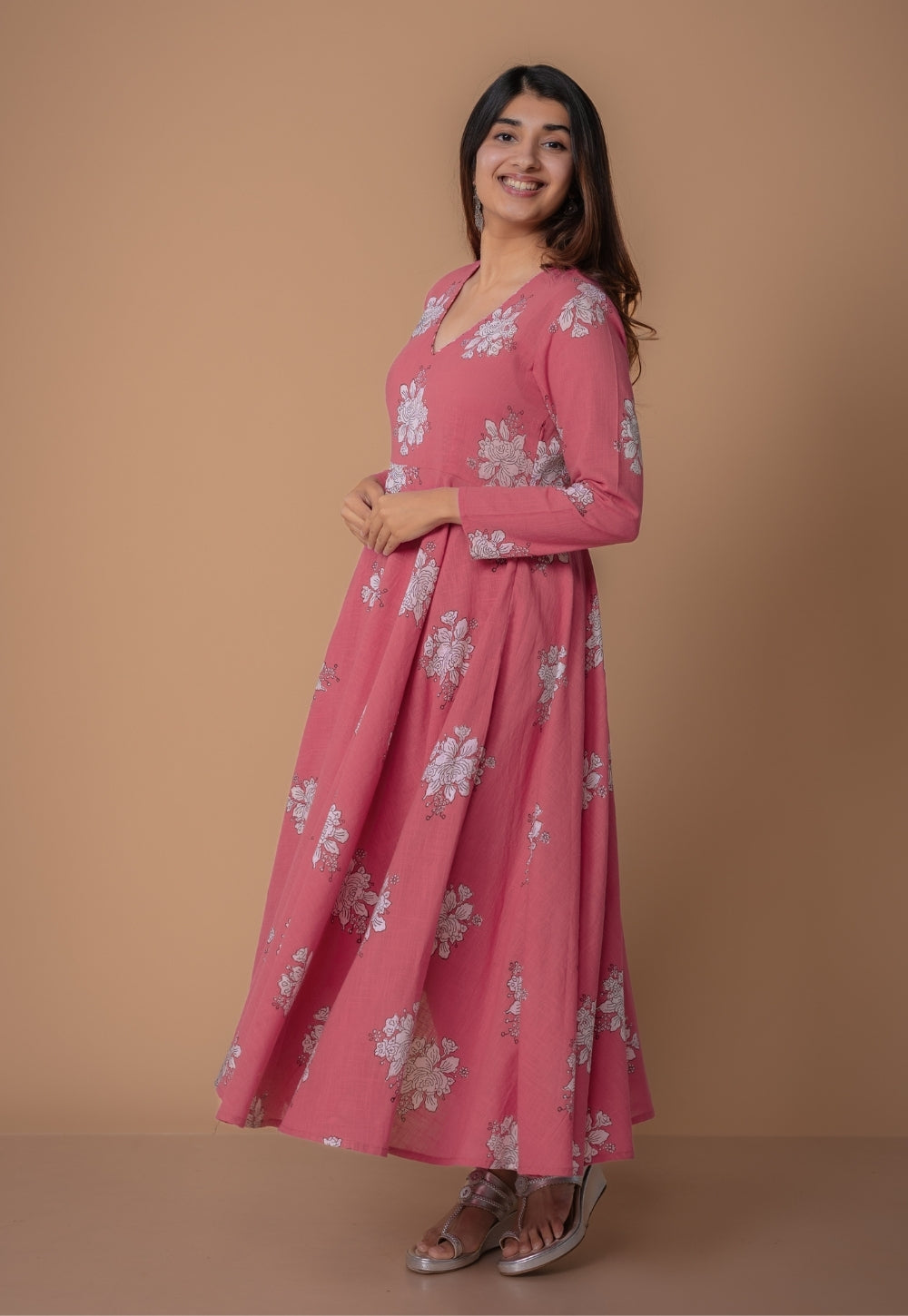 Ruvika Pink Dabu Slub Cotton A Line Kurta