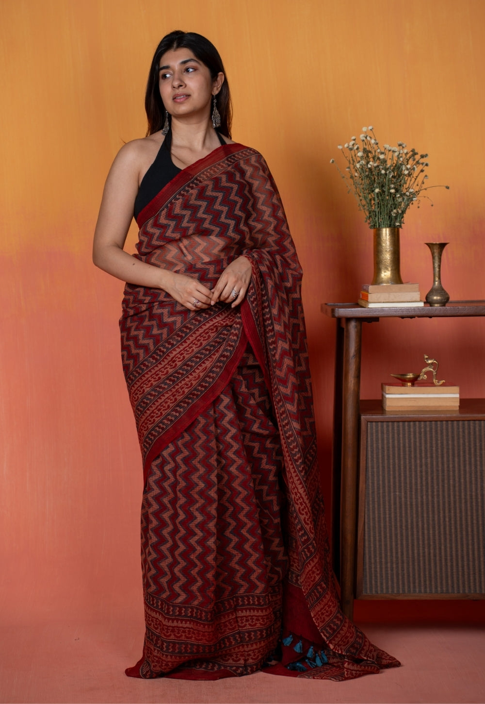 Red Chevron Ajrakh Hand Block Print Kota Doria Cotton Saree