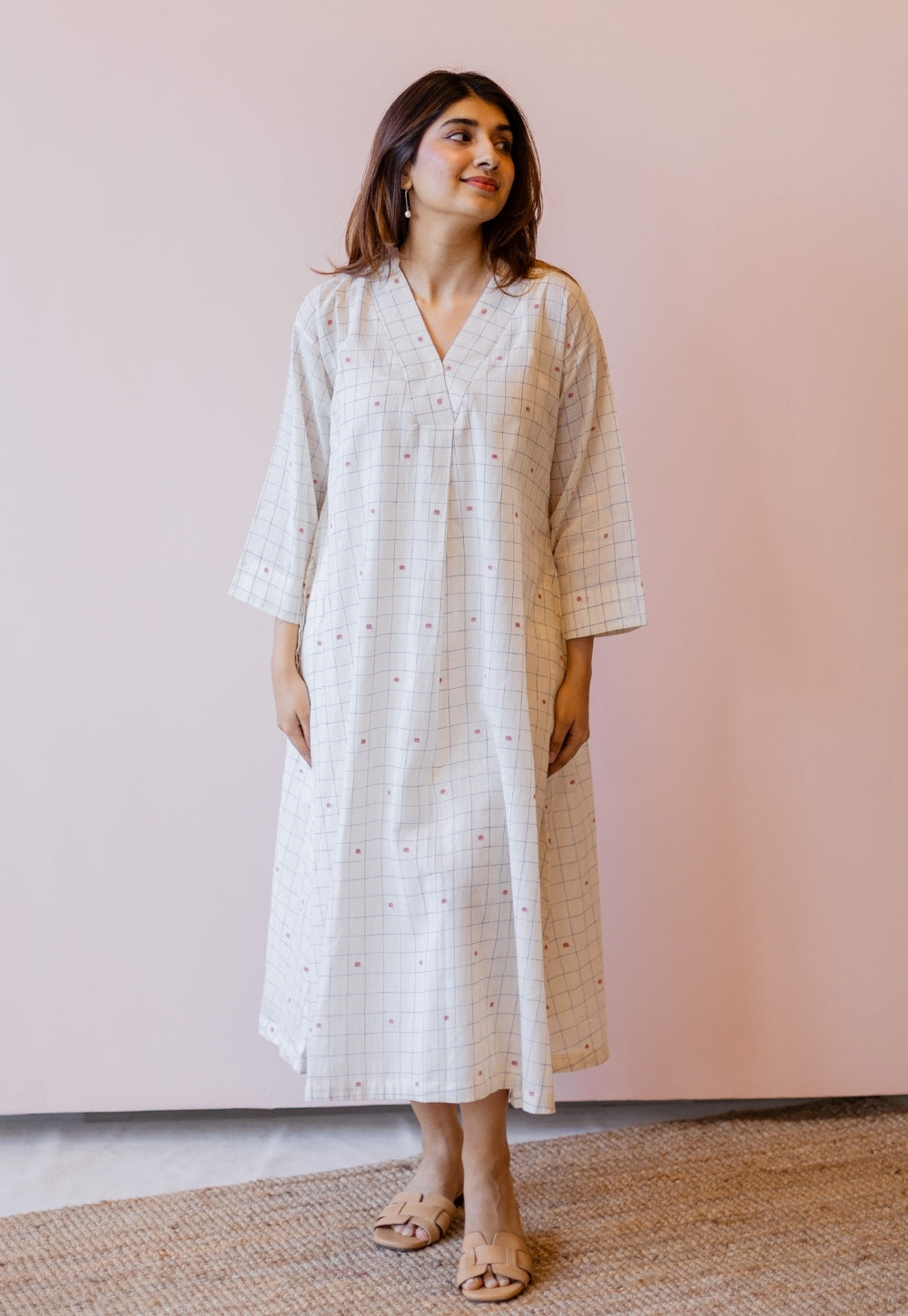 Ekta Off White Jamdani Handloom Cotton A Line Dress