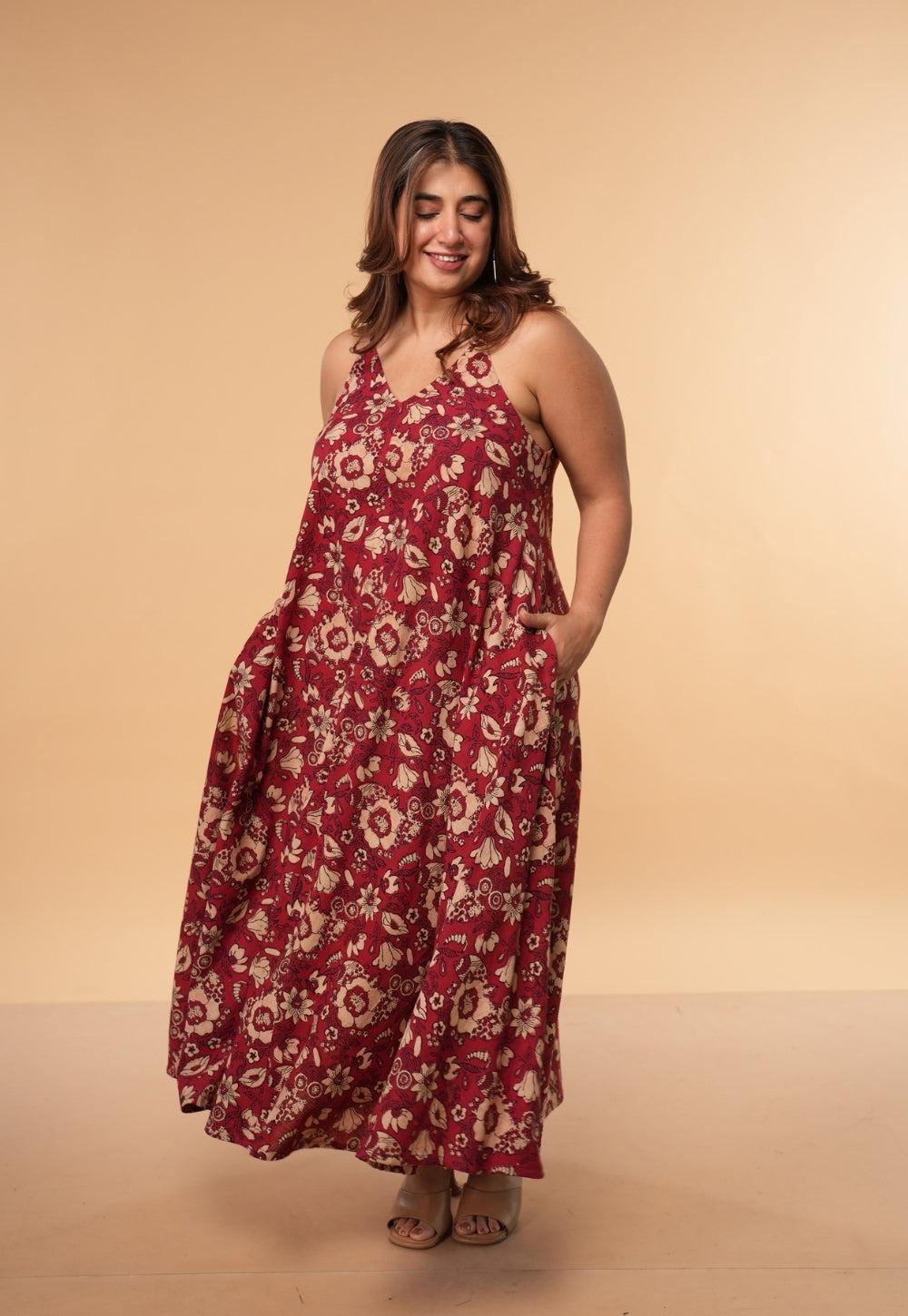 Sonam Red Dabu Slub Cotton A Line Dress